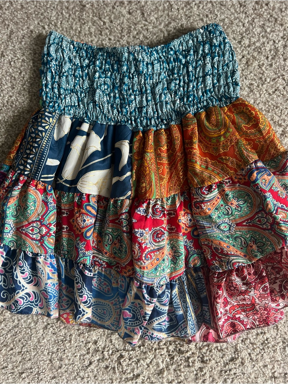 Boho Multi-Panel Paisley Mini Skirt with Teal Smocked Waist